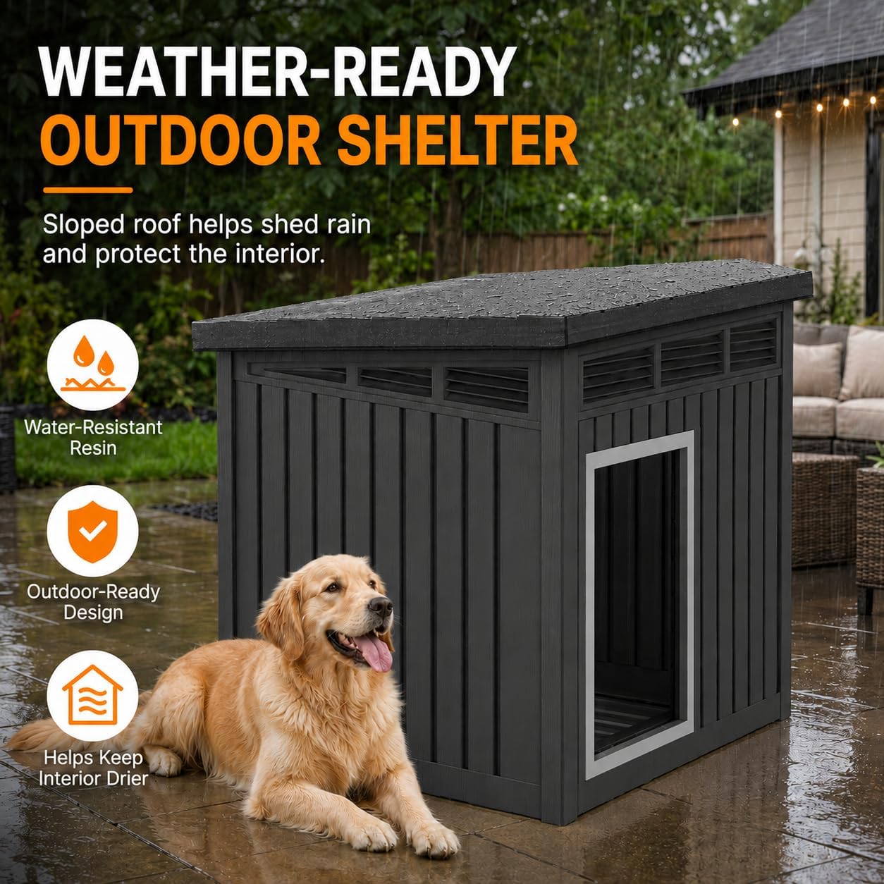 43" Outdoor Large Dog House with Weatherproof Roof Removable Floors, Faux Wooden Dog Shelter, Black - Image 4