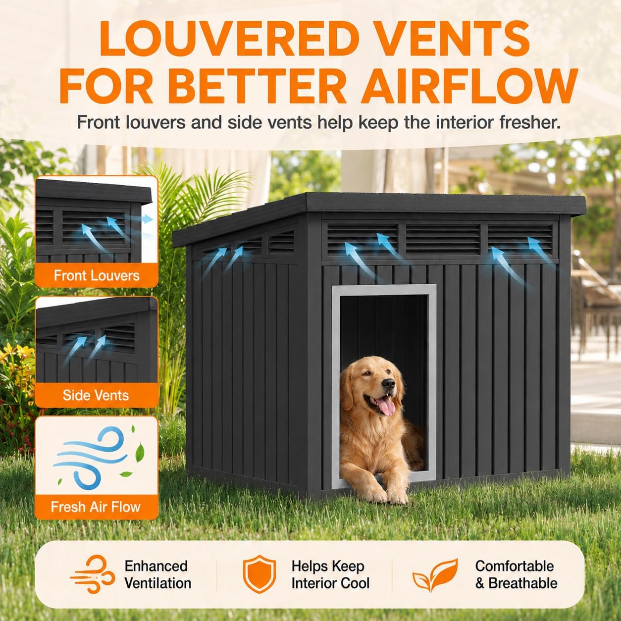43" Outdoor Large Dog House with Weatherproof Roof Removable Floors, Faux Wooden Dog Shelter, Black - Image 5