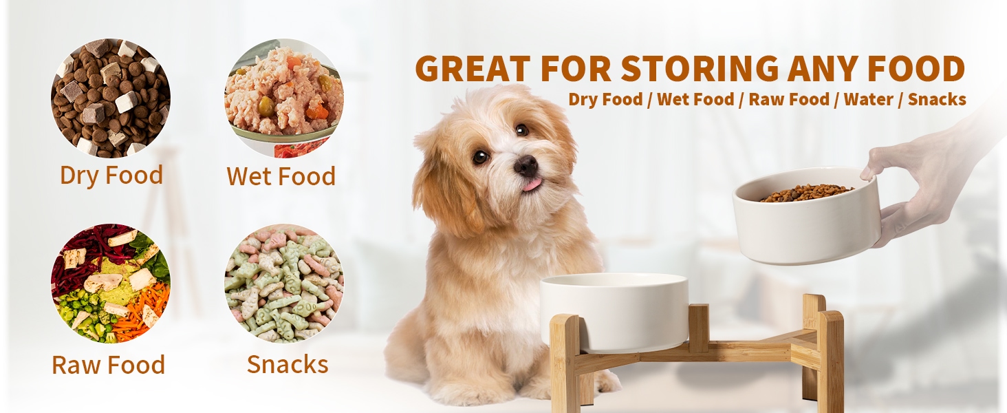 The raised dog bowl set provides easy access to food and water.