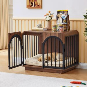 31.5″ Fluted Wooden Dog Crate Furniture, Mid-Century Modern Indoor Dog Kennel Dogs Cage for Small/Medium Dogs, Heavy Duty Dog Crates Decorative Pet House for Living Room, Walnut