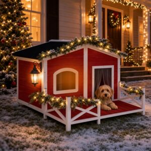 39.3″ Insulated Dog House Outdoor for Small & Medium Dogs, Wooden Dog House with Removable Insulated Liner, Weatherproof Outdoor Dog Kennel with Porch, Openable Roof, Elevated Floor, PVC Curtain, Red