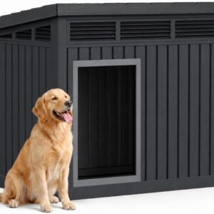 43″ Outdoor Large Dog House with Weatherproof Roof Removable Floors, Faux Wooden Dog Shelter, Black