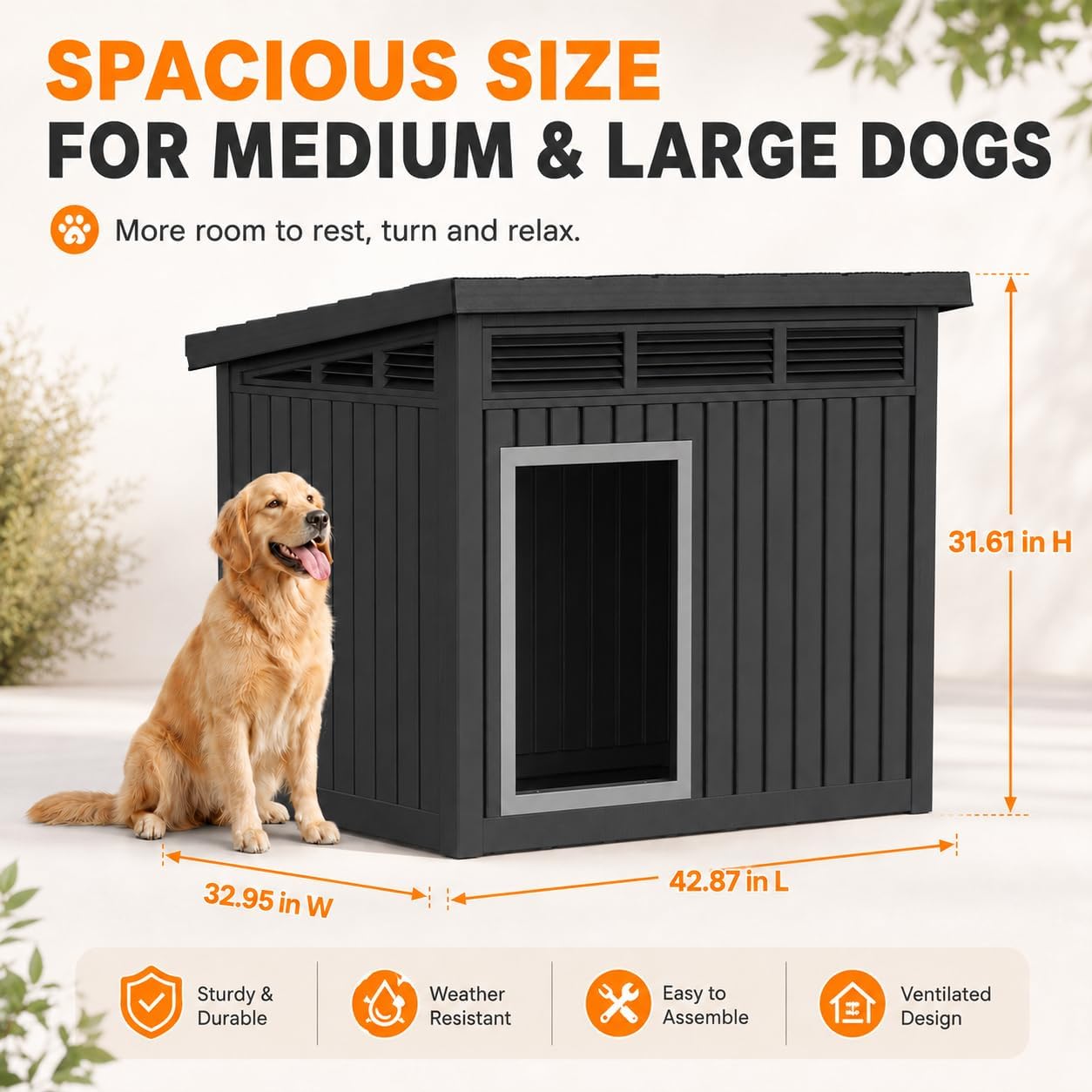 43" Outdoor Large Dog House with Weatherproof Roof Removable Floors, Faux Wooden Dog Shelter, Black - Image 2
