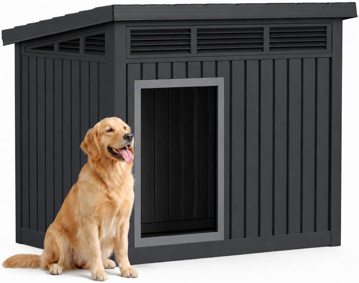 43" Outdoor Large Dog House with Weatherproof Roof Removable Floors, Faux Wooden Dog Shelter, Black