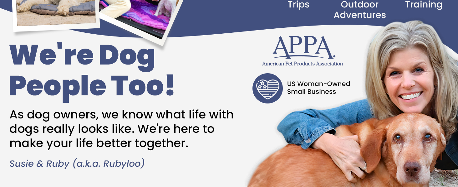 Smiling woman hugging dog while promoting US woman-owned brand offering portable dog travel mats