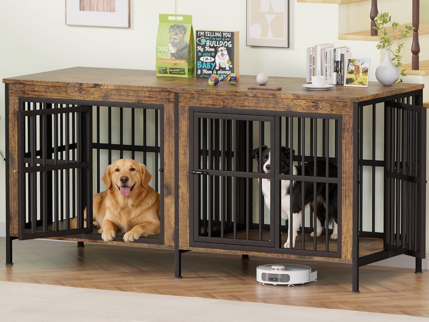 88" Double Dog Crate Furniture for Medium/Large Dogs, Wood
