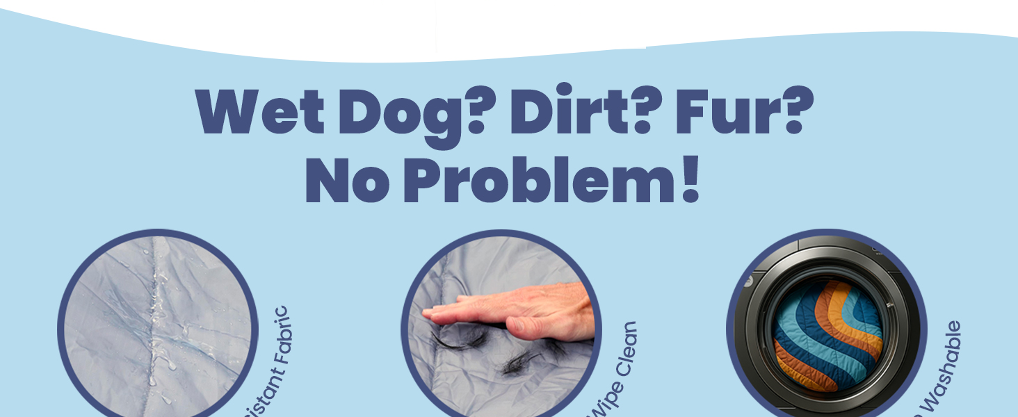 Close-up of waterproof fabric, pet fur being wiped, and dog bed in washing machine for easy cleaning