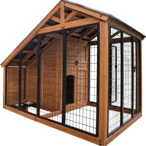 Backyard Discovery 7′ x 5′ Waggin’ Retreat Cedar Wood Large Dog Kennel with Galvanized Steel Roof, Feeding Door, Doghouse Back Door, Water and Food Tray, Secure Lock Gate for Safe Outdoor Pet Shelter