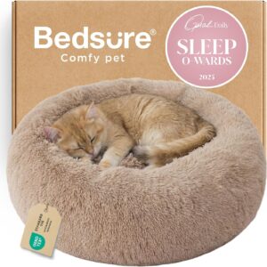 Bedsure Calming Cat Beds Donut Round Washable Kitten Bed,20 inches Camel