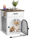 CHOEZON Dog Crate Furniture, Wooden Dog Kennel with Charging Station and Storage Drawer, Indoor Pet Crate End Table for Small Breeds, Dog Cage for Living Room, Bedroom, White and Walnut MGW01UWL