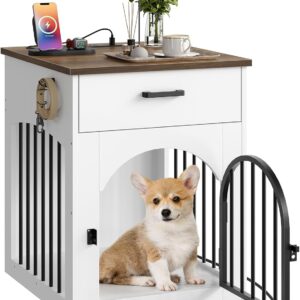 CHOEZON Dog Crate Furniture, Wooden Dog Kennel with Charging Station and Storage Drawer, Indoor Pet Crate End Table for Small Breeds, Dog Cage for Living Room, Bedroom, White and Walnut MGW01UWL