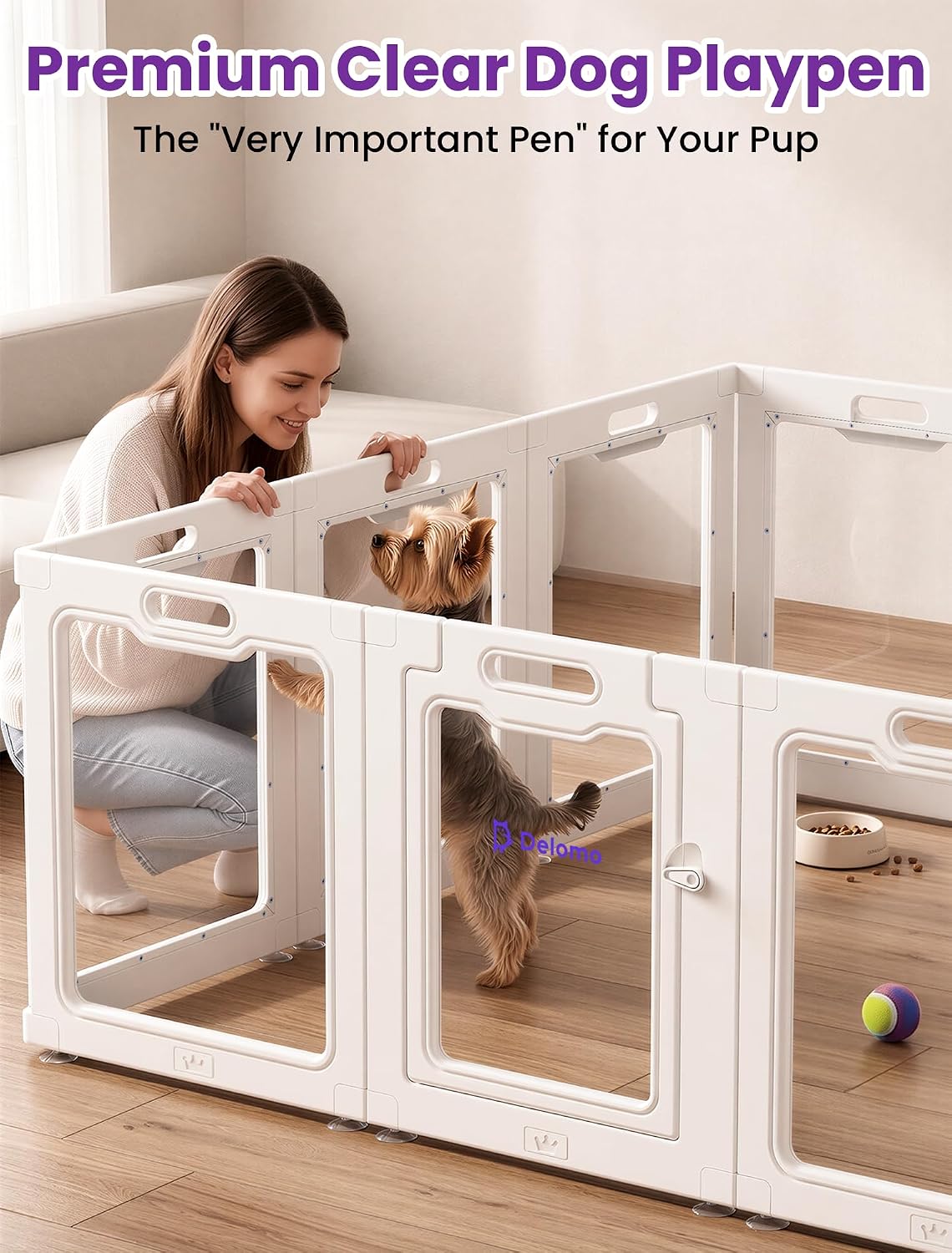DELOMO Clear Acrylic Indoor Dog Playpen, 24" H 12-Panel with 2 Doors, White - Image 2