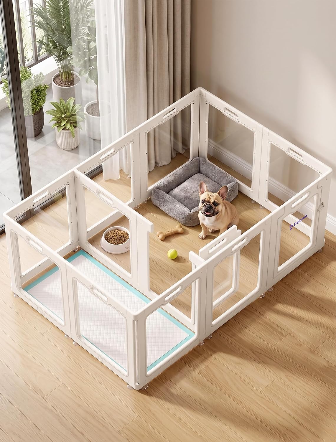 DELOMO Clear Acrylic Indoor Dog Playpen, 24" H 12-Panel with 2 Doors, White