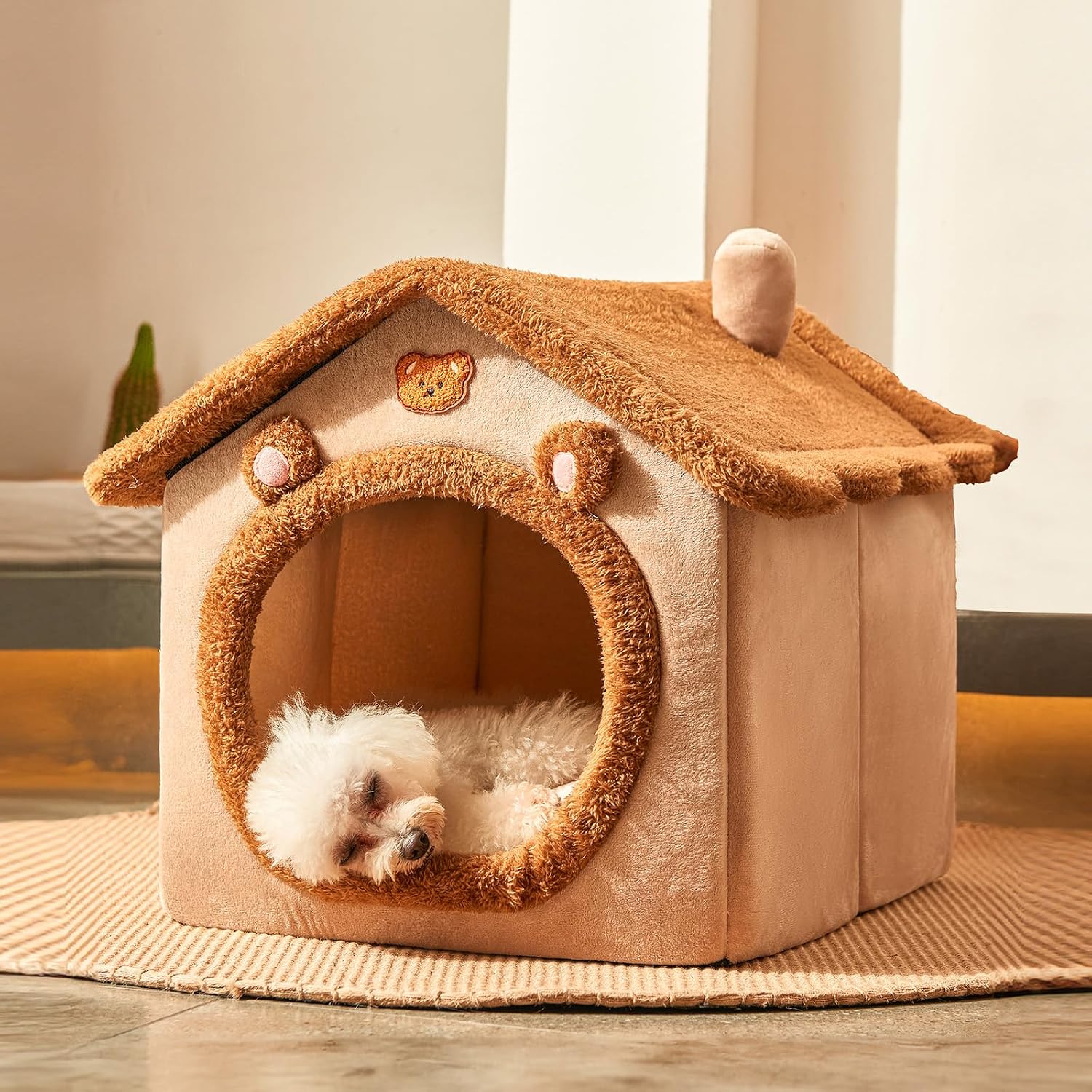 Dog House Dog Bed with Cover Cave with Non-Slip Bottom,Brown