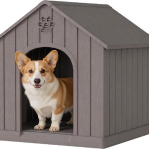 Dog House Outdoor, Plastic Small Dog House-Weatherproof Design with Air Vents & Elevated Floor for Small to Medium Dogs, Easy Clean and Assemble (Standard Grey, 26”L × 23.6”W × 25.8”H)