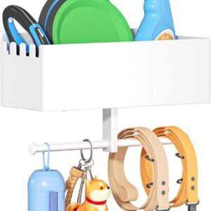 Dog Leash Holder for Wall, Dog Leash Hooks, Pet Stuff Organizer with Shelf Storage, Metal Key Holder, Leash Hangers Organizer Rack for Pet Collar, Toys, Treats, Poop Bag (White)