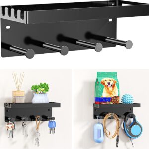 Dog Leash Holder for Wall, Key Holder Wall Mount, Metal Dog Leash Hooks, Pet Stuff Storage Shelf for Leash Hanger, Entryway Organizer Key Rack for Pet Collar, Treats, Toys, Mail (Black)
