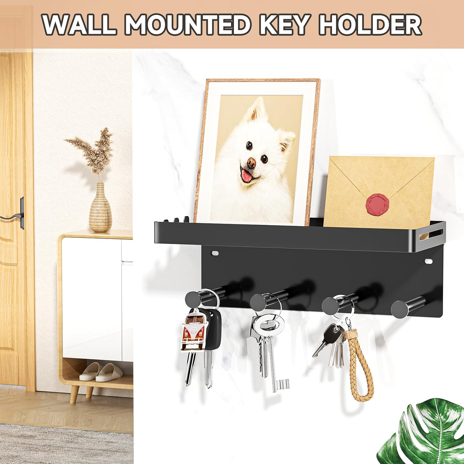 Dog Leash Holder for Wall, Key Holder Wall Mount, Metal Dog Leash Hooks, Pet Stuff Storage Shelf for Leash Hanger, Entryway Organizer Key Rack for Pet Collar, Treats, Toys, Mail (Black) - Image 2