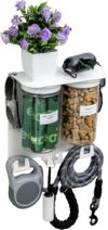 Dog Leash Holder for Wall with Shelf — Wall Mounted Dog Treat Holder & Station, 2 Airtight 32oz Treat Containers, 9 Hooks, Patented Lidless Slide-to-Seal Jars, Solid Steel, Made in USA
