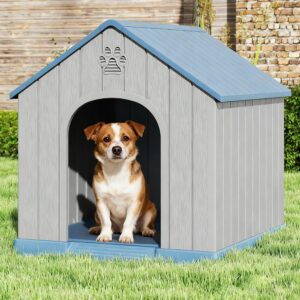 Fancyango Dog House Outdoor Indoor, Weatherproof Dog House with Elevated Floor and Air Vents for Small to Medium Dogs,Easy Clean and Assemble (Blue1, 26.18”L × 24.02”W × 25.98”H)