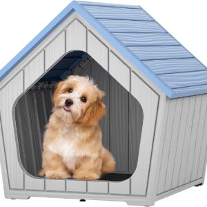 Fancyango Indoor Outdoor Small Dog House – Weatherproof for Small Dogs, Sturdy Pet Kennel Shelter for Indoor Living Room & Outdoor Patio (Blue, 23.43″ L×22.44″ W×22.24″ H)