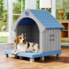 Fancyango Large Dog House with Porch Outdoor Indoor Sturdy Plastic Waterproof Doghouse with Air Vents and Elevated Floor Easy Clean and Assemble for Medium Large Dogs (Blue1, 33″ L×31.5″ W×38″ H)