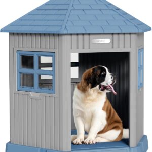 Fancyango Sturdy Dog House Indoor Outdoor for Small Medium Dogs, Weatherproof Puppy Shelter with Elevated Floor & Air Vents, Easy Clean and Assemble (Blue, 36.61″ L x 29.5″ W x 37.4″ H)