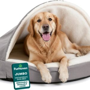 Furhaven 44″ Round Orthopedic Dog Bed for Large Dogs w/ Removable Washable Cover, For Dogs Up to 80 lbs – Sherpa & Suede Snuggery – Gray, 44-inch