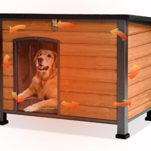 GUTINNEEN Large Outdoor Insulated Dog House Weatherproof Dog Kennel Indestructible Dog Shelter with Chew-Proof Full Metal Frame, Openable Roof for Small to Large Dog Breeds (33.5″L x 22″W x 25.2″H)