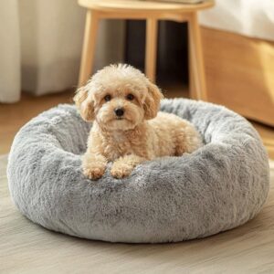 JOLLYVOGUE Small Dog Bed, Calming Dog Beds for Small Dogs & Indoor Cats – 20 Inches Donut Washable Cat Bed for Kittens & Puppies, Round Fluffy Plush Faux Fur Pet Beds(Smoke Grey)
