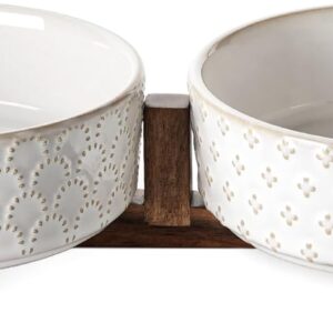 LE TAUCI Dog Bowl Set with Acacia Wood Stand – 1.8-Cup Ceramic Puppy Bowls for Small Dogs, Dual Food and Water Bowls with Weighted Non-Slip Base
