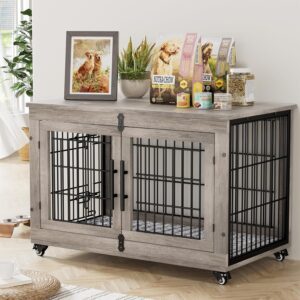 Large Dog Crate Furniture, 38” Heavy Duty Wood Kennel w/Cushion & Wheels