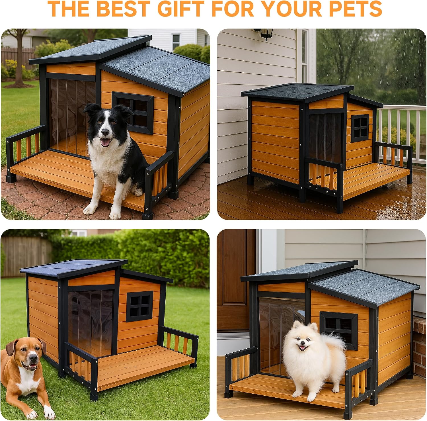 Large Dog House Outdoor Elevated Wooden Dog Kennel with Porch Brown 39" - Image 2
