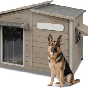Large Outdoor Wooden Dog House, Weatherproof Dog Houses with Adjustable Vent Windows, Alloy Chew-Resistant Frame, Removable Floor for Medium & Large Dogs, (43.5″ L x 29.5″ W x 33.5″ H)