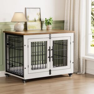 Medium Dog Crate Furniture, 32” Heavy Duty Kennel w/Cushion & Wheels