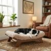 Muihood Elevated Wood Dog Bed Frame with Foam Mattress, WalnutPattern, L
