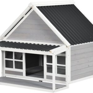 PawHut Wooden Dog House with Porch for Large Dogs, Tilt Roof, Front Door