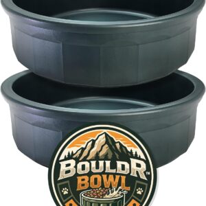 Pet Crock Bowl – 2 Pack – Thick Durable Plastic (Green, 48oz Large) Non-Tip Food & Water Dish for Dogs, Cats – Indoor/Outdoor – Chew Resistant, Easy Clean BouldrBowl by Healthy Surplus®