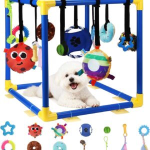 Puppy Play Gym with 12 Toys, Removable Dog Enrichment Playground, Interactive Indoor Training Activity Center for Small Dogs & Puppies, Teething & with Squeaky Toys, Fixable, 12 Toys
