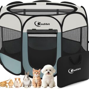 Siedihit Dog Cat Playpen, Puppy Pet Playpen Indoor for Small Dog Crate Tent Cage Outdoor, Portable Pop Up Dogs Enclosure Kennel with Carrying Case for Dogs/Cats/Rabbits(Grey, Small