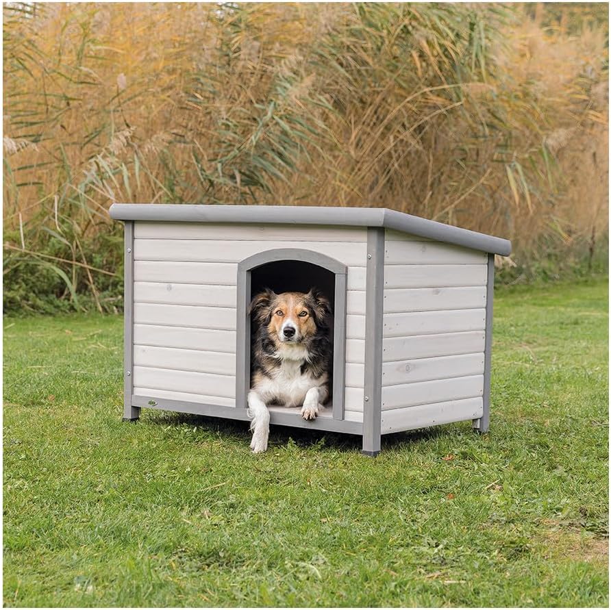 Trixie Natura Classic Dog House - Wooden Outdoor Shelter with Weatherproof Sealer, Hinged Roof & Adjustable Legs for Medium Dogs - Gray - 27 x 41 x 28.5 in - Image 2