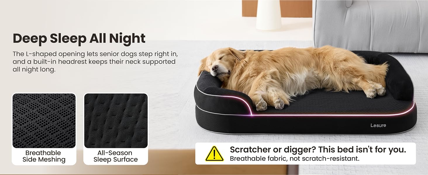 Text reads "Deep Sleep All Night". Pet bed product shown in black with gold/tan fabric, featuring scratched and durable material swatches. Warning symbol indicates specific care instructions for upholstery maintenance.