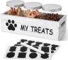 qeerable Dog Treat Container for Countertop – Dog Food Storage with 3 Jars – Pet Food Organizer For Puppy – Airtight White Wooden Dog Treat Storage With Lids – Great Gift for Pet Dog Owners