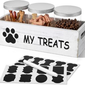 qeerable Dog Treat Container for Countertop – Dog Food Storage with 3 Jars – Pet Food Organizer For Puppy – Airtight White Wooden Dog Treat Storage With Lids – Great Gift for Pet Dog Owners