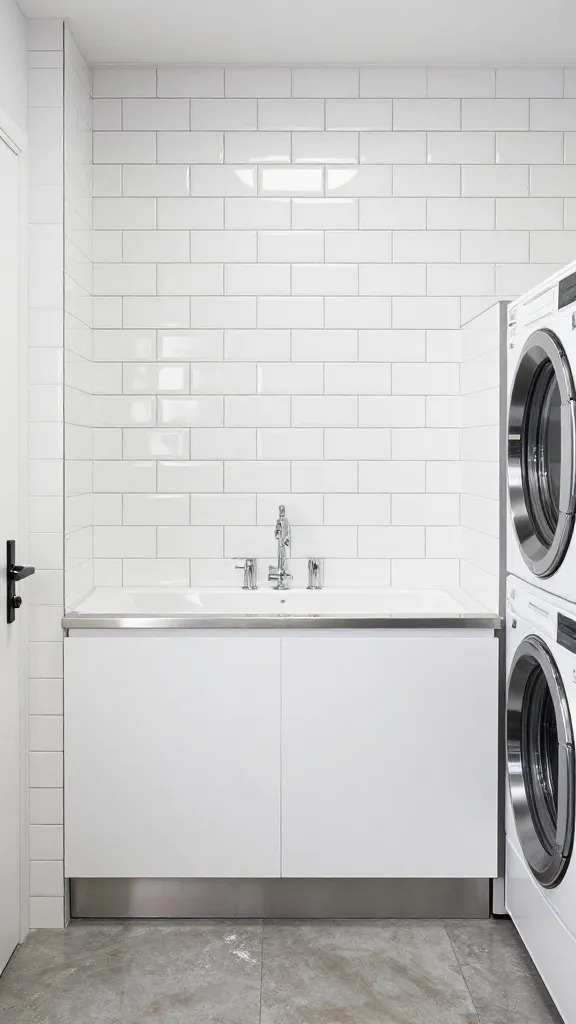 Dog washing station in laundry room with subway tile