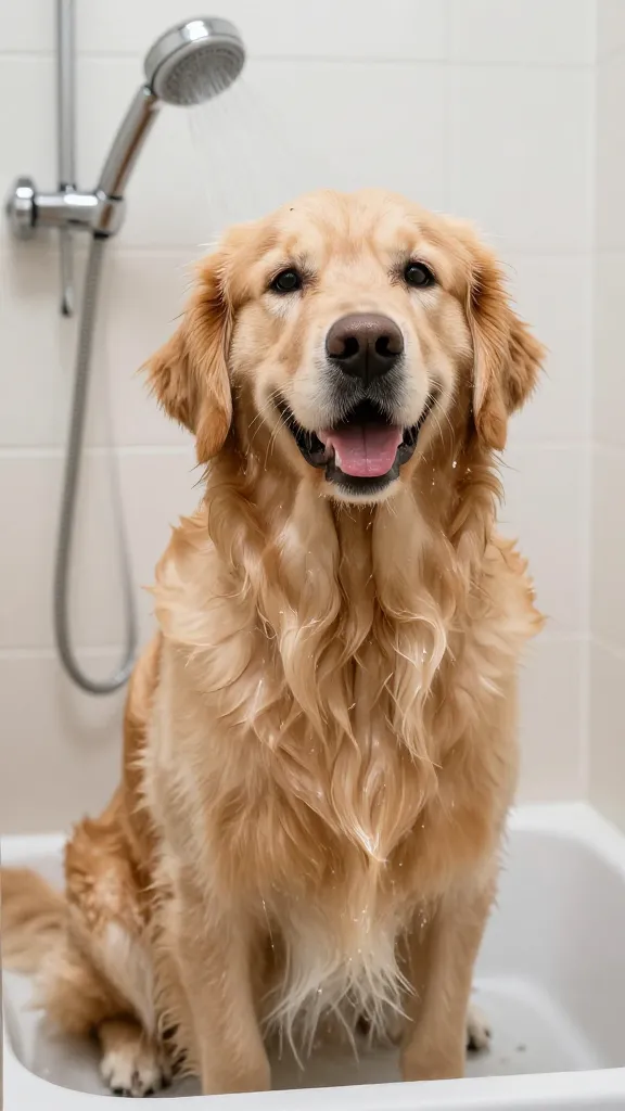 Golden retriever in raised dog shower with handheld sprayer