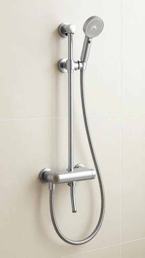 Wall-mounted hose and shampoo caddy above tiled pet wash