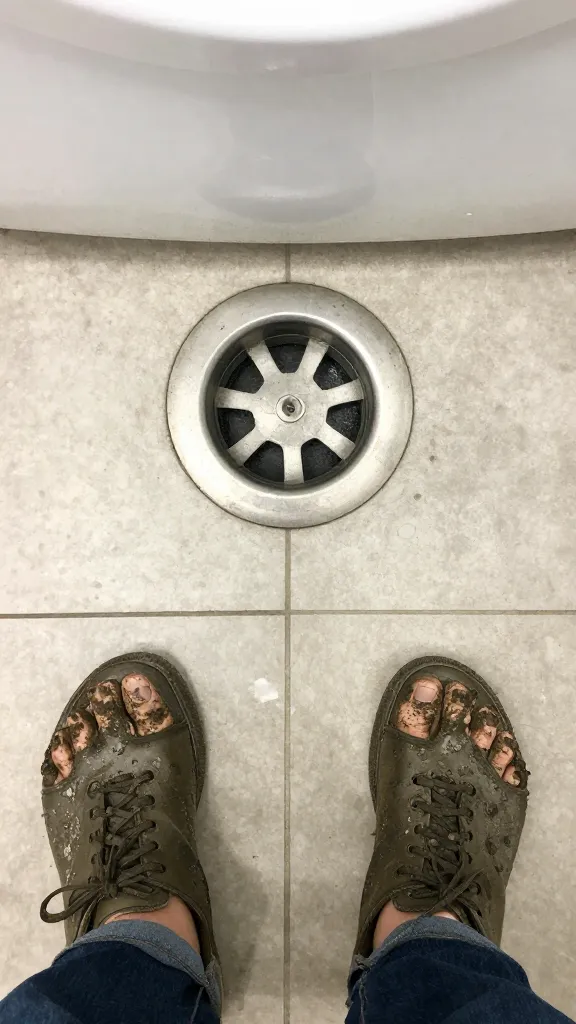 Muddy paws at laundry room drain, waterproof flooring