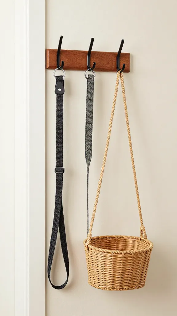 Wall-mounted dog leash station with hooks and basket, entryway