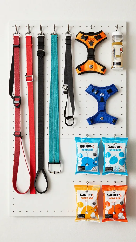 Leashes, harness, and poop bags organized on pegboard, foyer